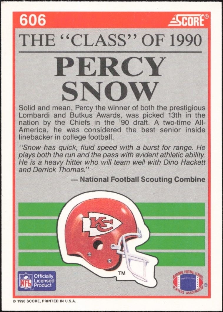1990 Score Percy Snow #606 football trading card back