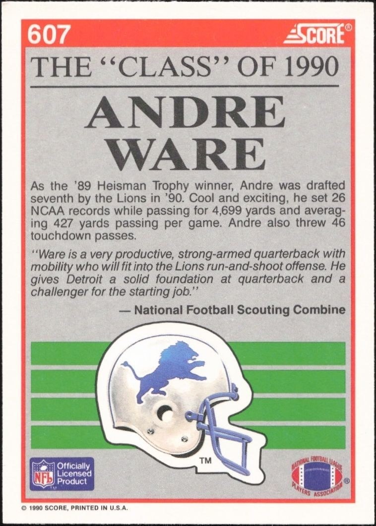 1990 Score Andre Ware #607 football trading card back
