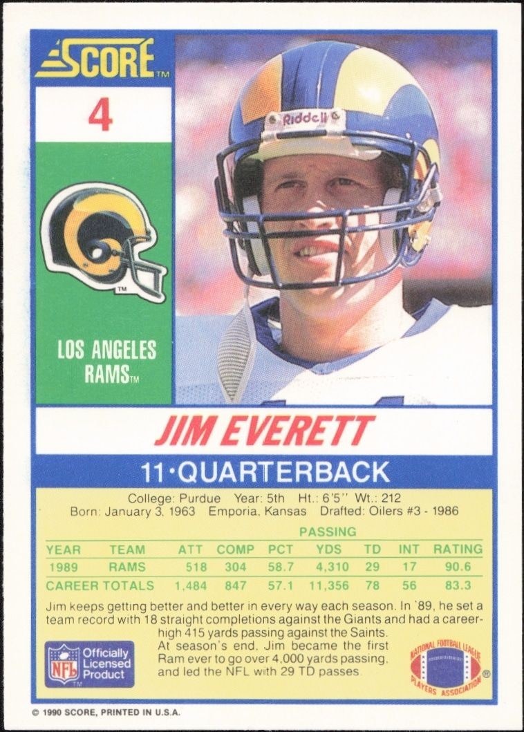1990 Score Jim Everett #4 football trading card back