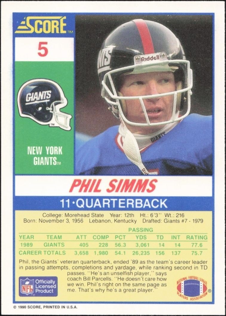 1990 Score Phil Simms #5 football trading card back
