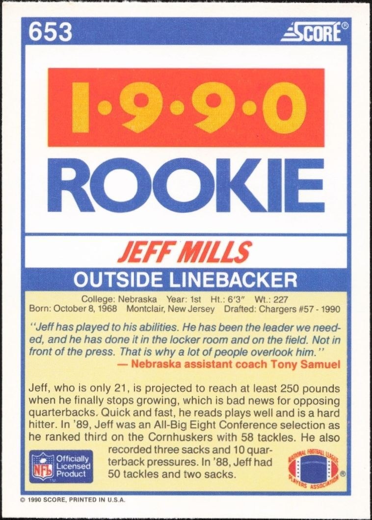 1990 Score Jeff Mills #653 football trading card back