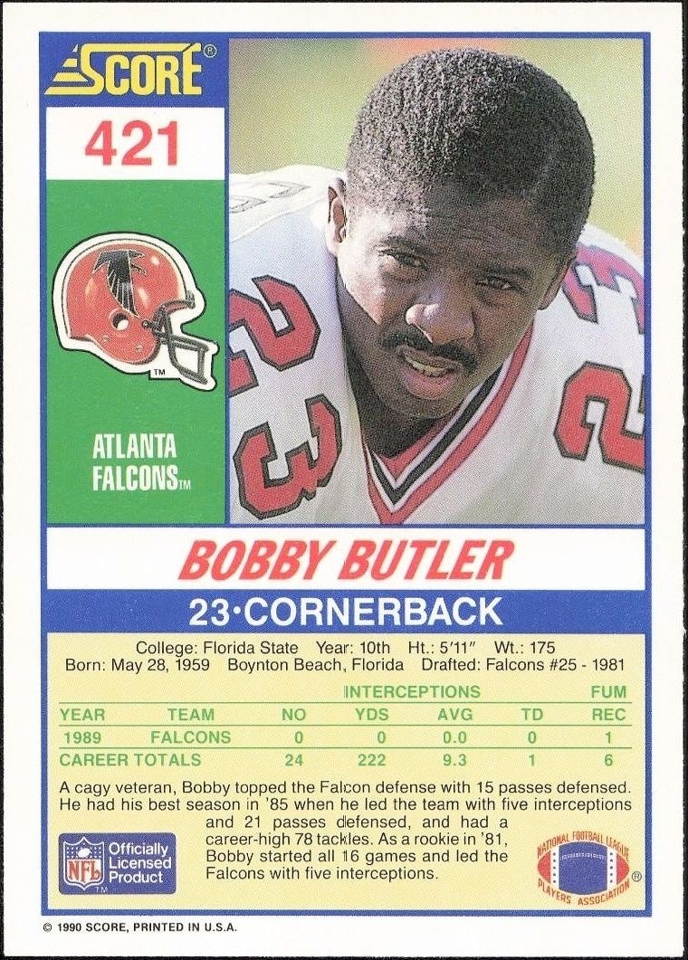 1990 Score Bobby Butler #421 football trading card back