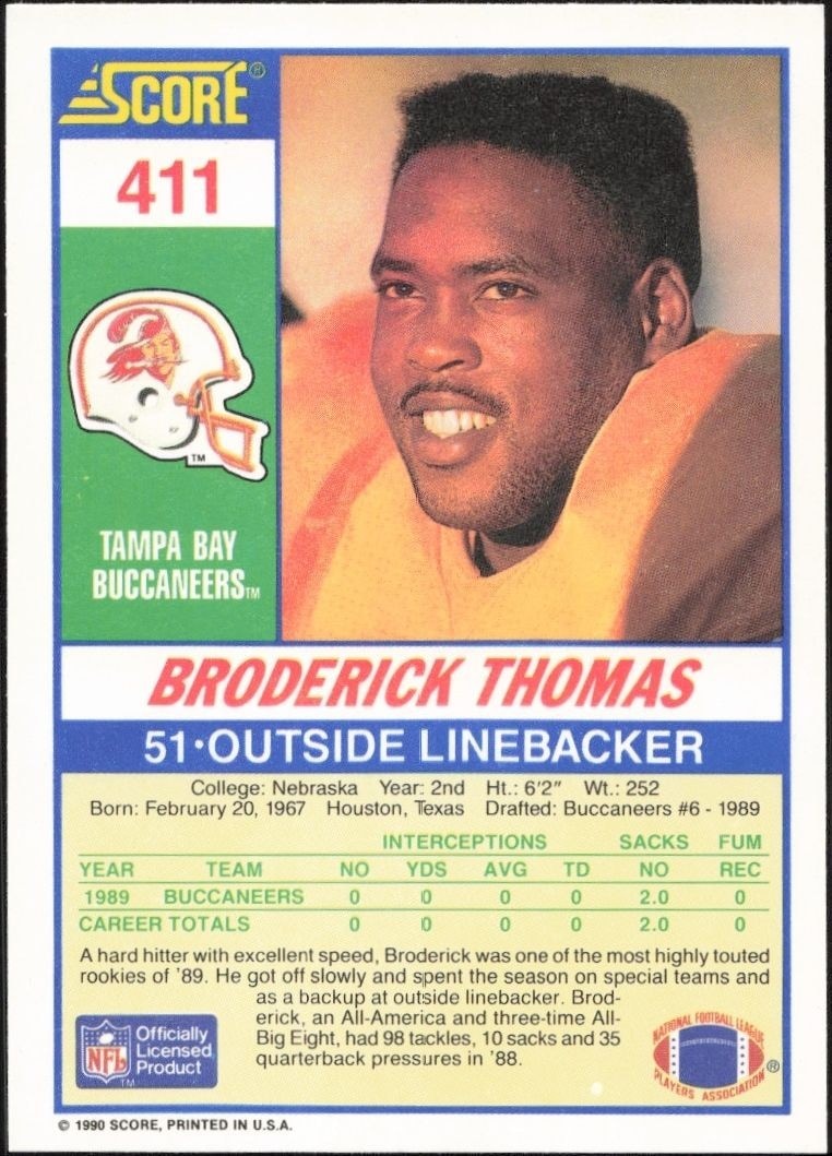 1990 Score Broderick Thomas #411 football trading card back