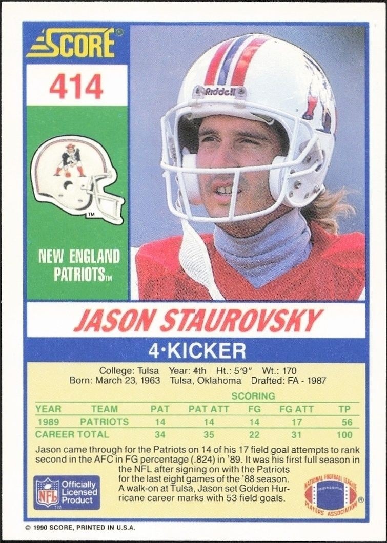 1990 Score Jason Staurovsky #414 football trading card back