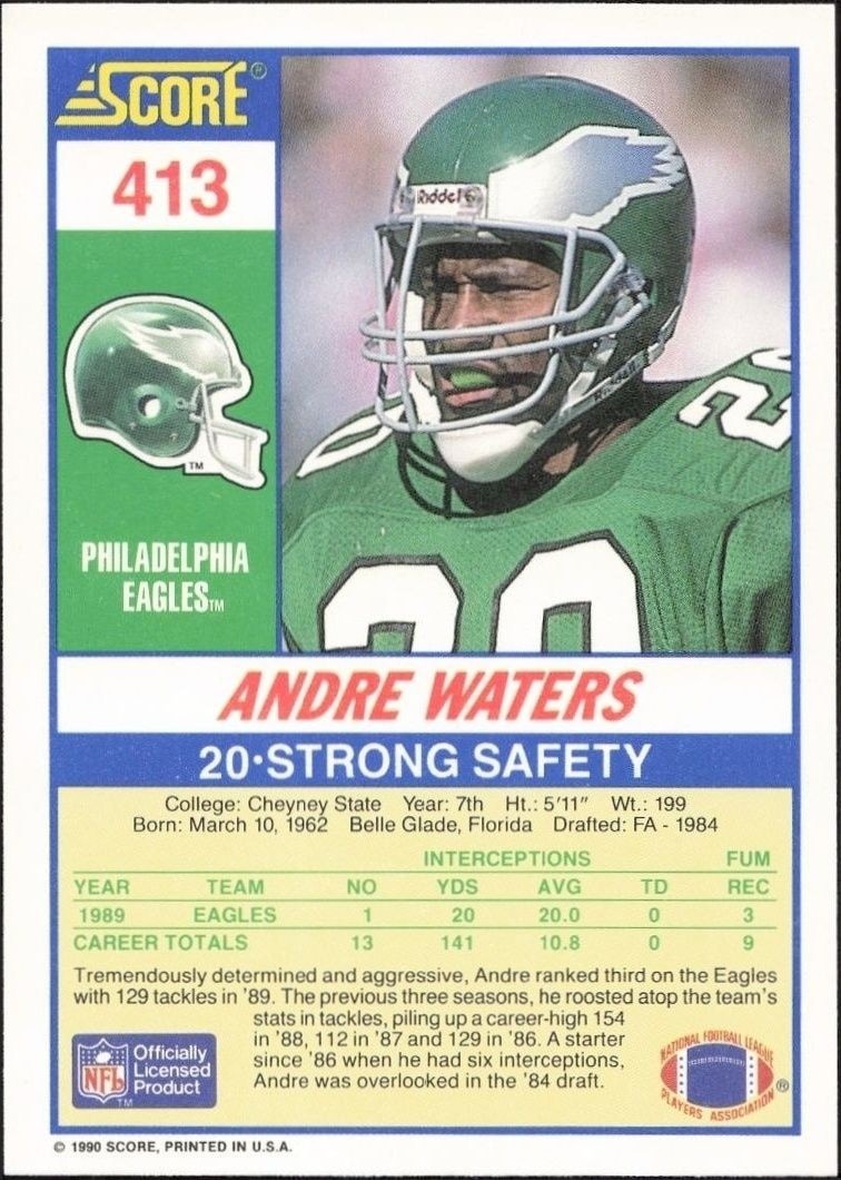 1990 Score Andre Waters #413 football trading card back
