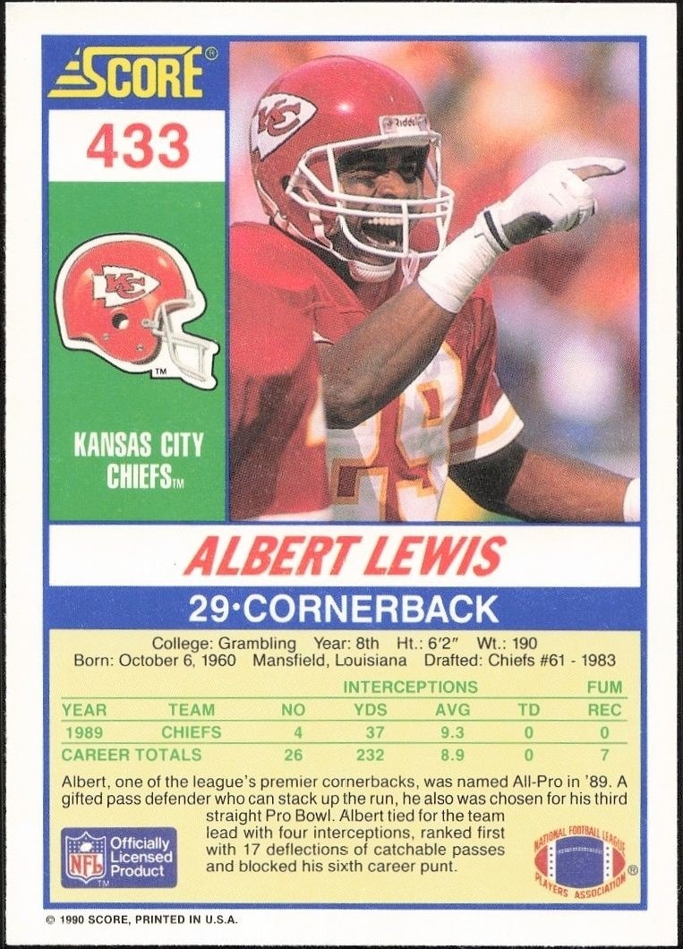 1990 Score Albert Lewis #433 football trading card back