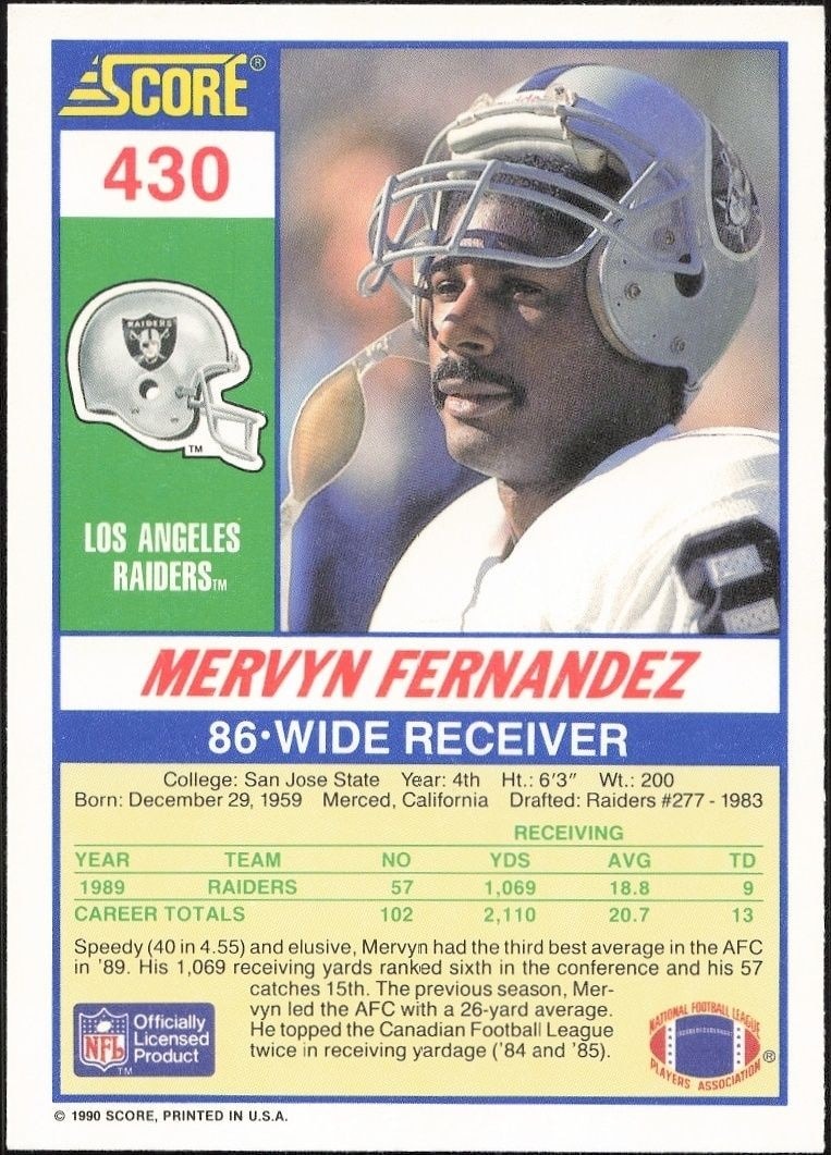1990 Score Mervyn Fernandez #430 football trading card back