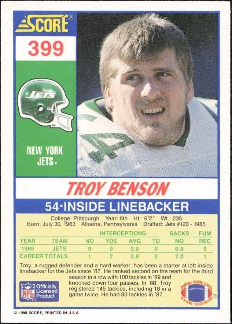 1990 Score Troy Benson #399 football trading card back