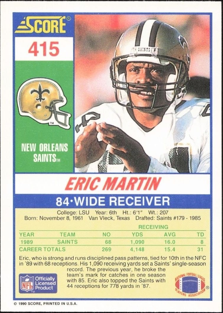 1990 Score Eric Martin #415 football trading card back