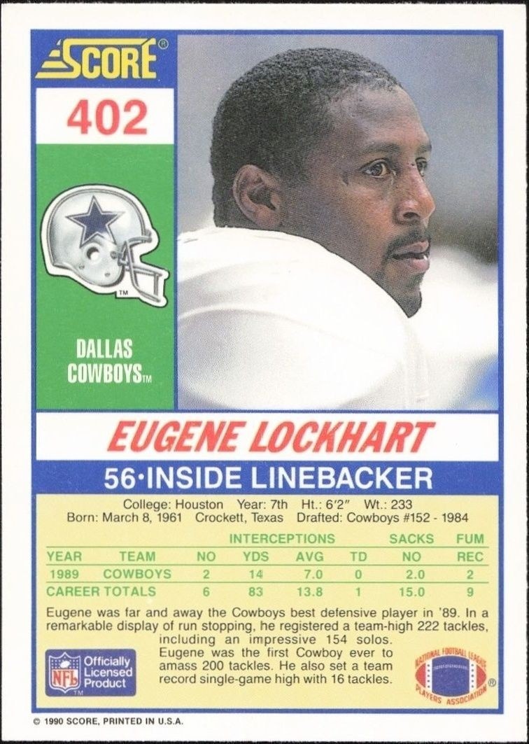 1990 Score Eugene Lockhart #402 football trading card back
