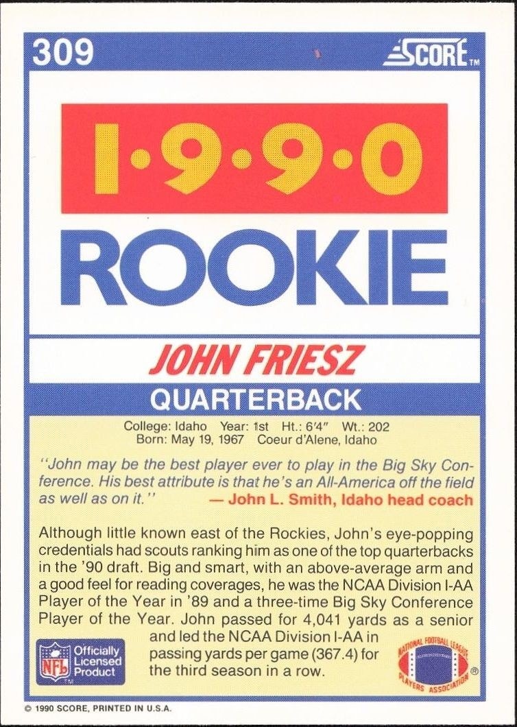 1990 Score John Friesz #309 football trading card back