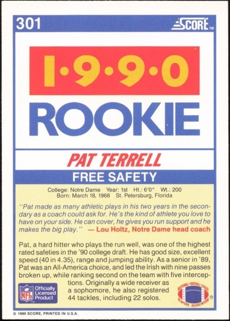 1990 Score Pat Terrell #301 football trading card back