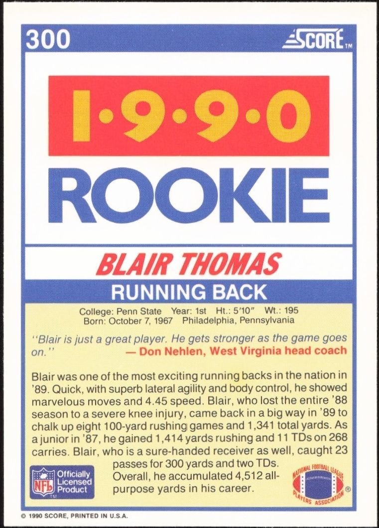 1990 Score Blair Thomas #300 football trading card back
