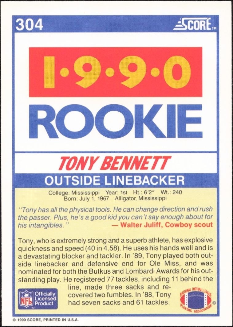 1990 Score Tony Bennett #304 football trading card back