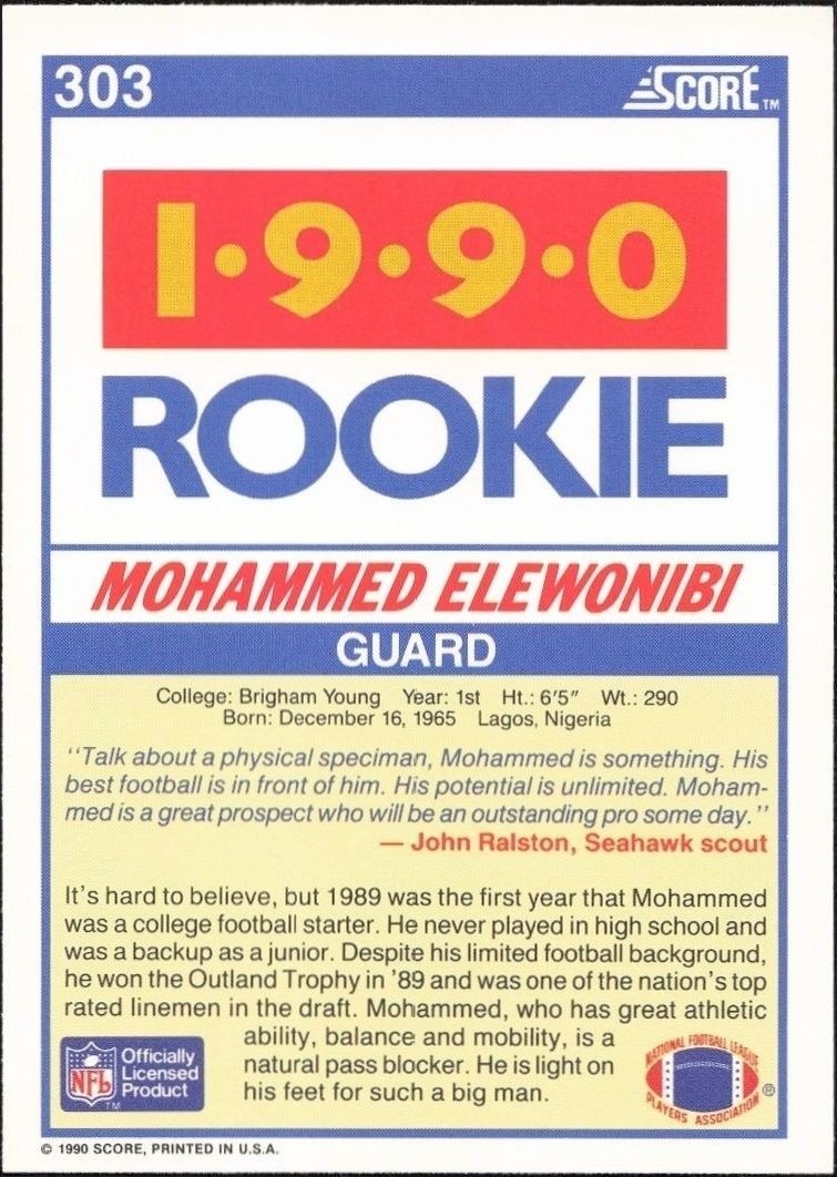 1990 Score Mohammed Elewonibi #303 football trading card back