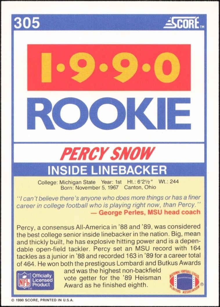 1990 Score Percy Snow #305 football trading card back
