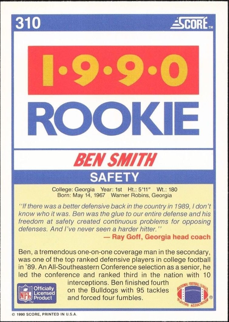1990 Score Ben Smith #310 football trading card back