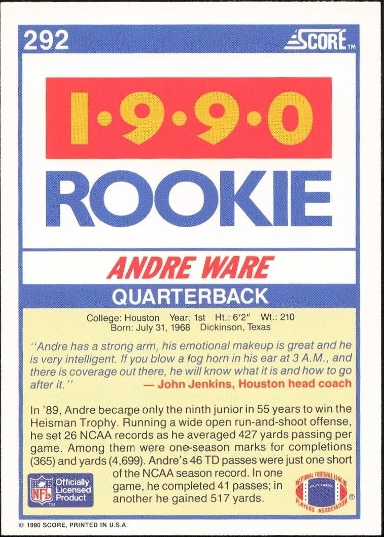 1990 Score Andre Ware #292 football trading card back