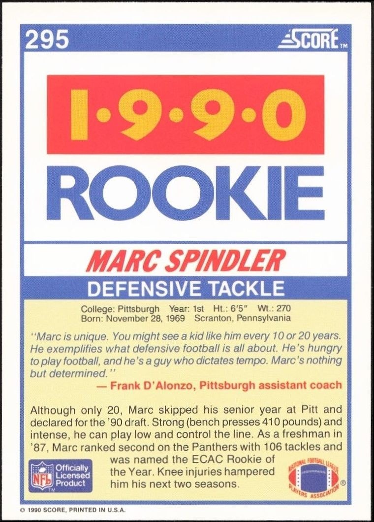 1990 Score Marc Spindler #295 football trading card back