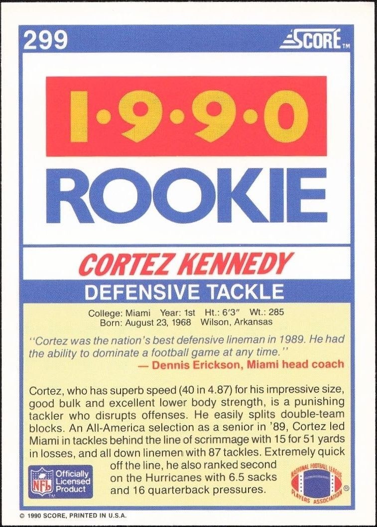 1990 Score Cortez Kennedy #299 football trading card back
