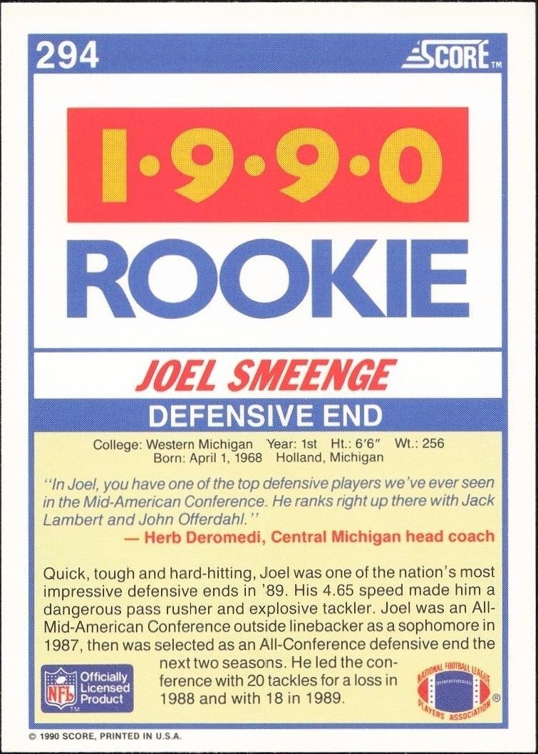 1990 Score Joel Smeenge #294 football trading card back