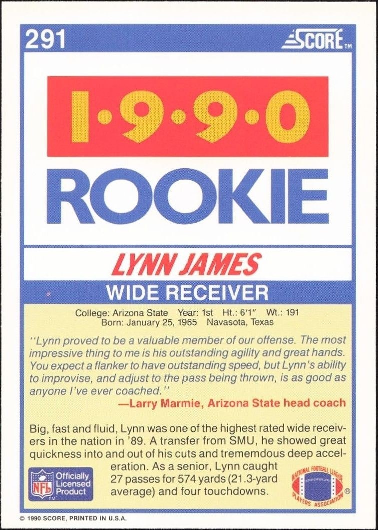 1990 Score Lynn James #291 football trading card back