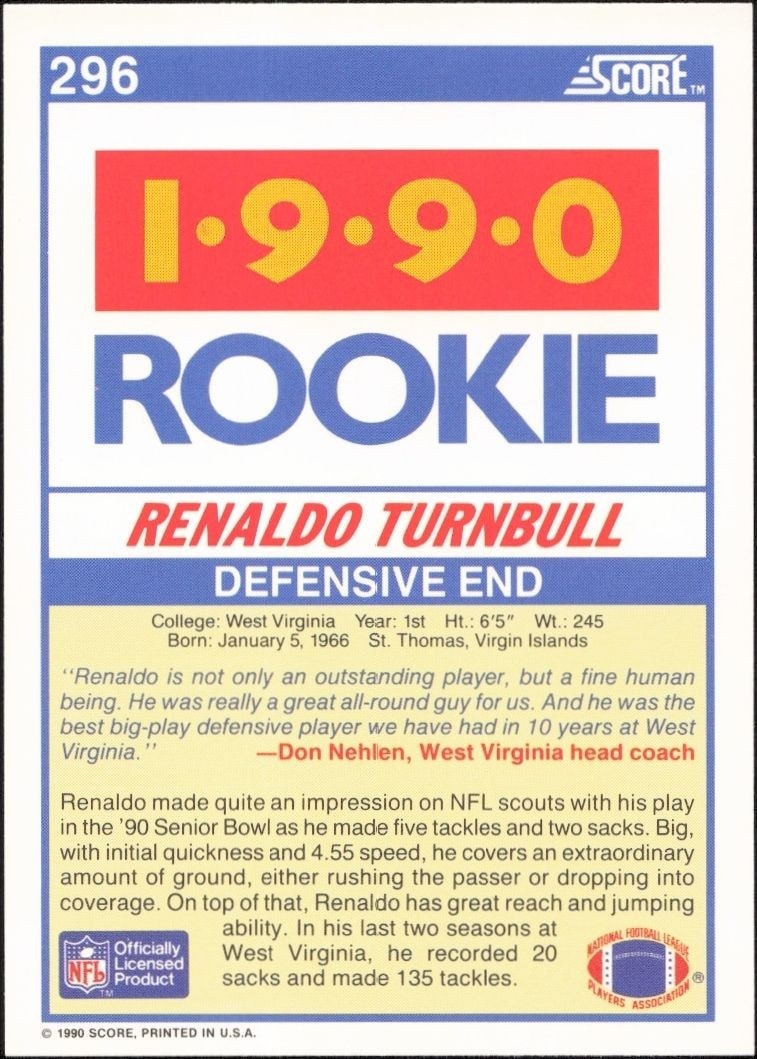 1990 Score Renaldo Turnbull #296 football trading card back