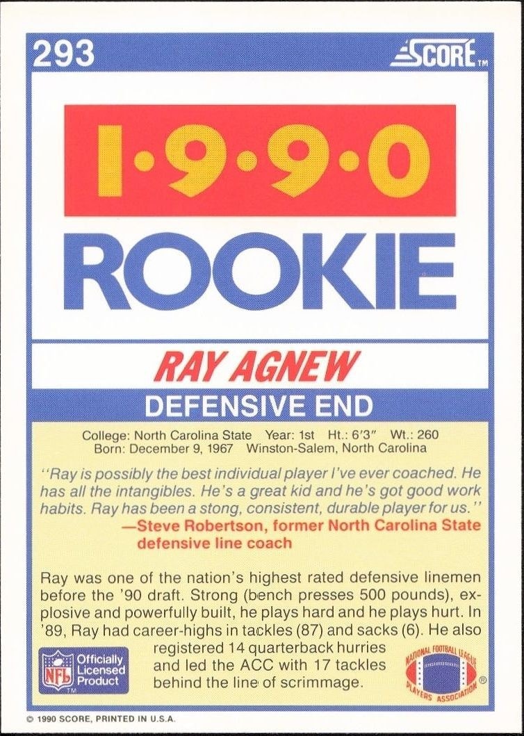1990 Score Ray Agnew #293 football trading card back