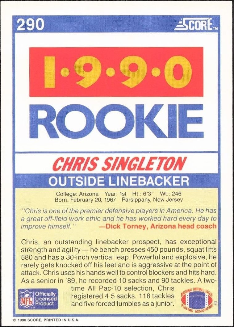 1990 Score Chris Singleton #290 football trading card back