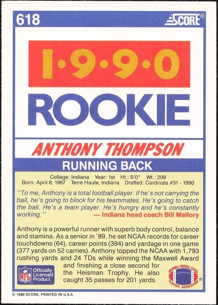 1990 Score Anthony Thompson #618 football trading card back