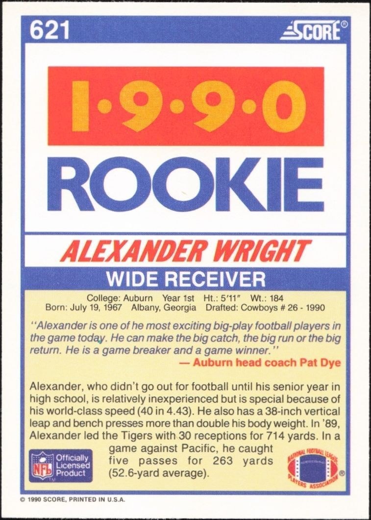 1990 Score Alexander Wright #621 football trading card back