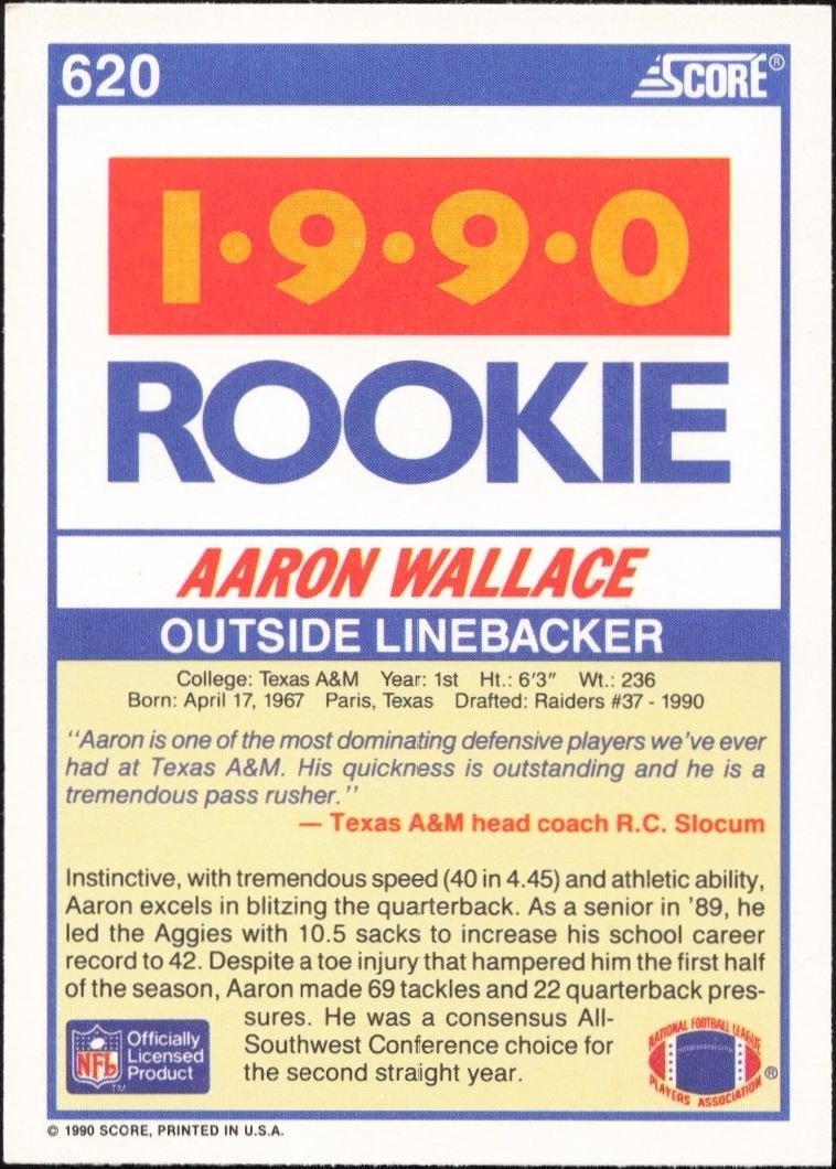 1990 Score Aaron Wallace #620 football trading card back
