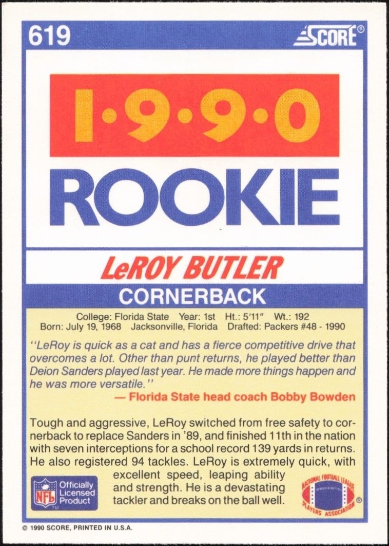 1990 Score LeRoy Butler #619 football trading card back
