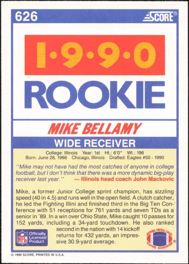 1990 Score Mike Bellamy #626 football trading card back