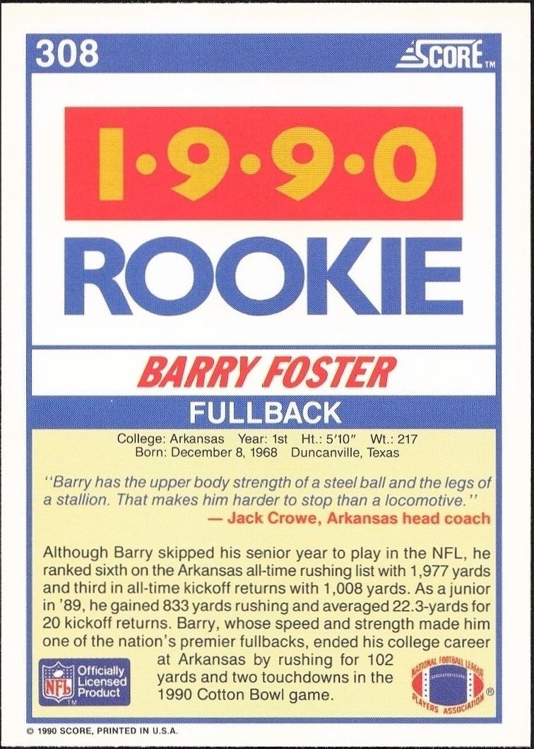 1990 Score Barry Foster #308 football trading card back