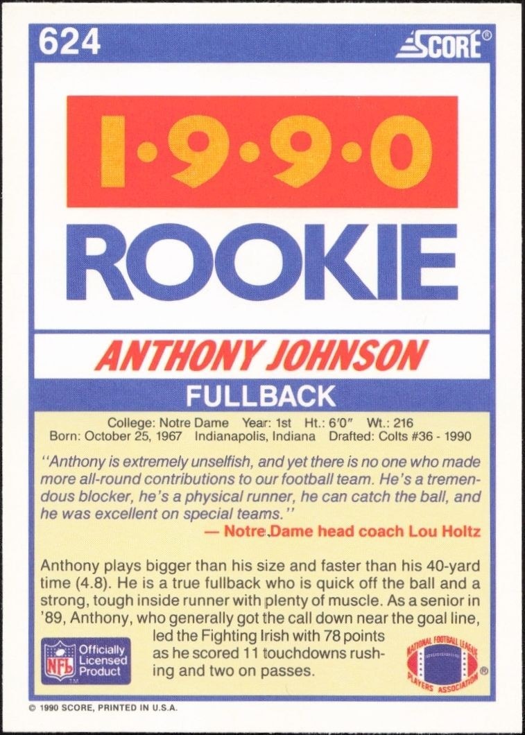 1990 Score Anthony Johnson #624 football trading card back