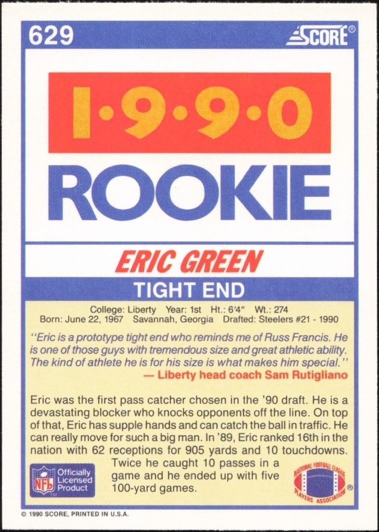 1990 Score Eric Green #629 football trading card back