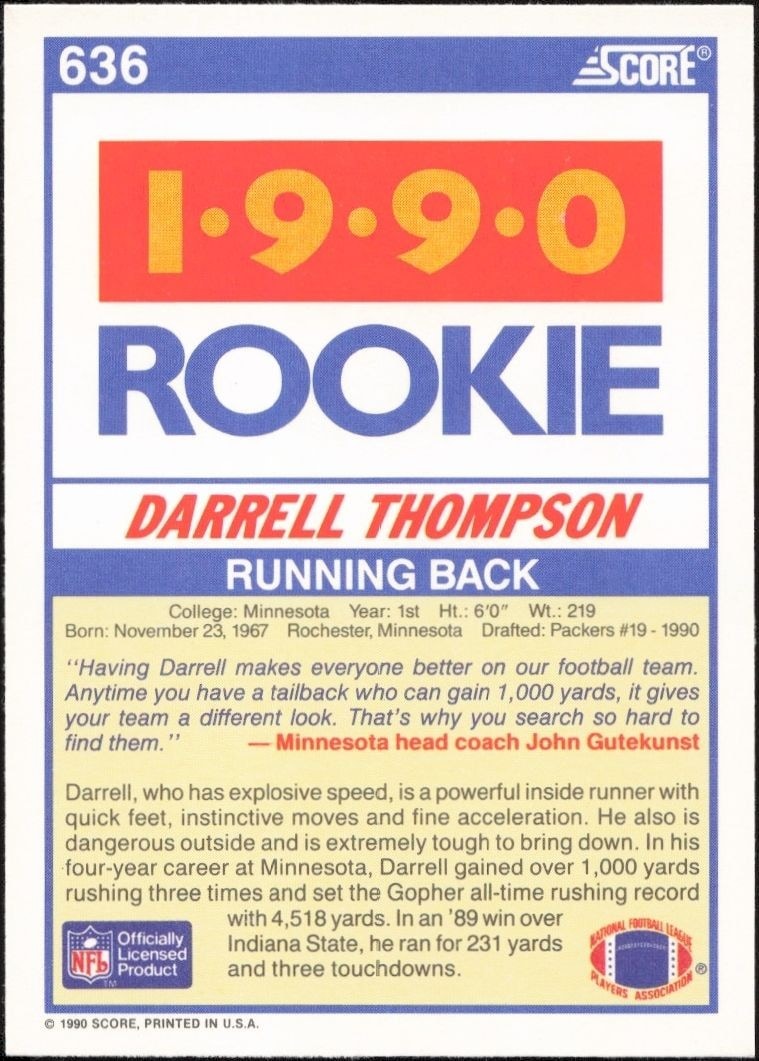 1990 Score Darrell Thompson #636 football trading card back
