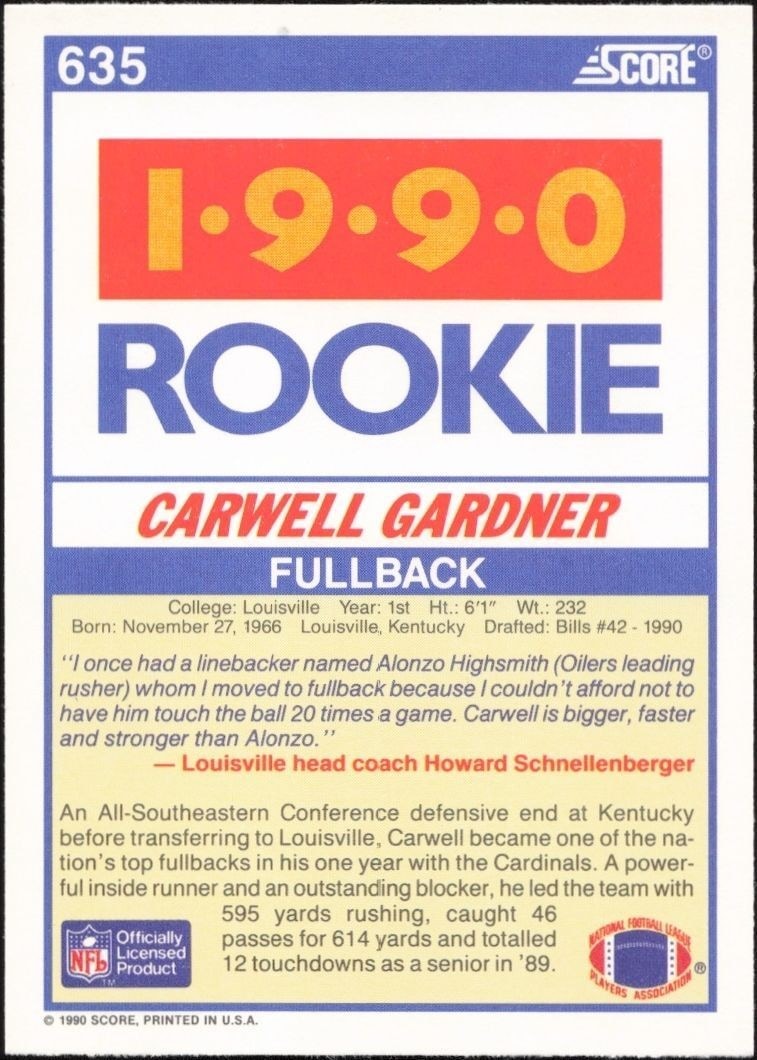 1990 Score Carwell Gardner #635 football trading card back