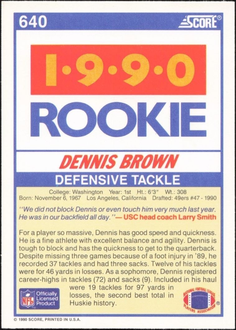 1990 Score Dennis Brown #640 football trading card back