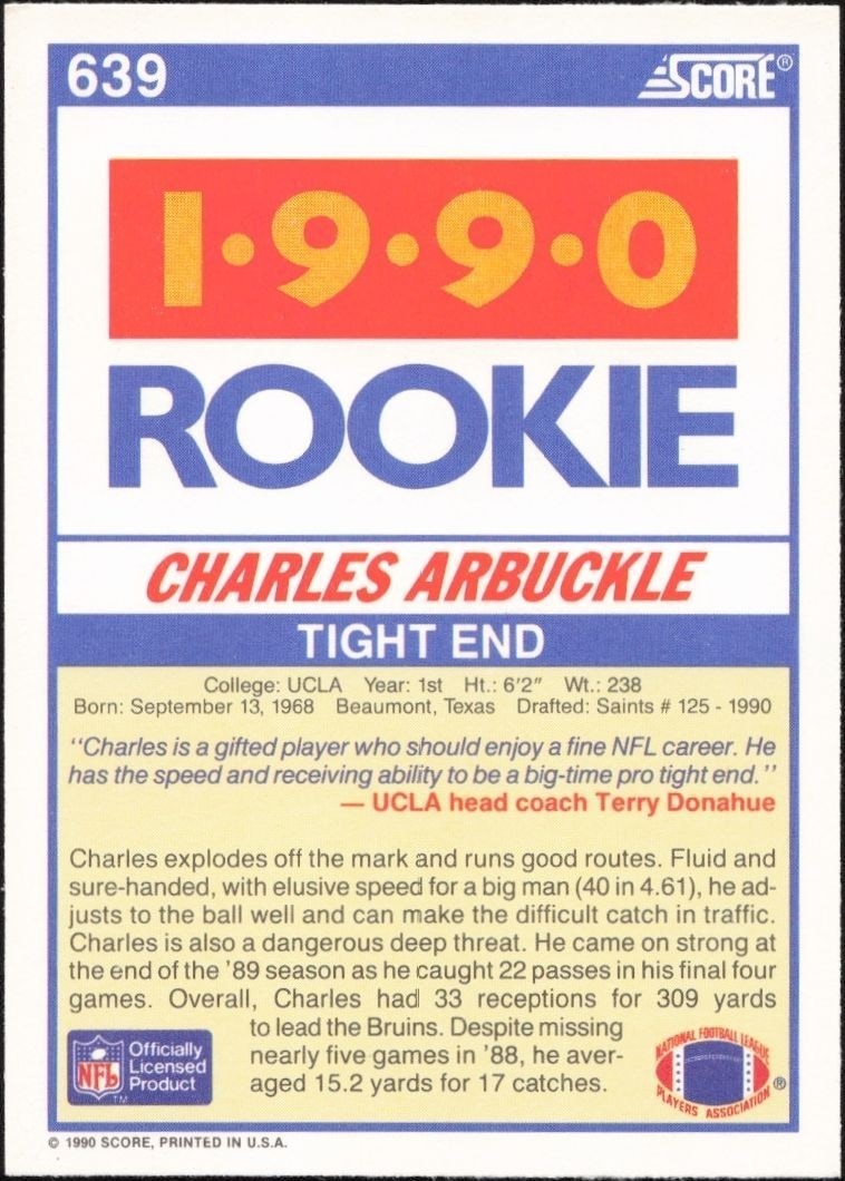 1990 Score Charles Arbuckle #639 football trading card back