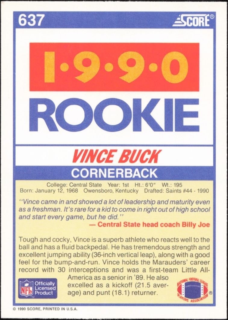 1990 Score Vince Buck #637 football trading card back