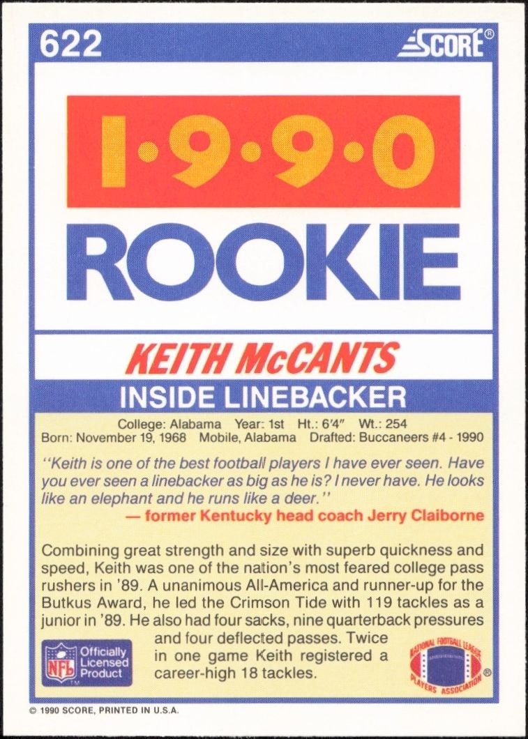 1990 Score Keith McCants #622 football trading card back