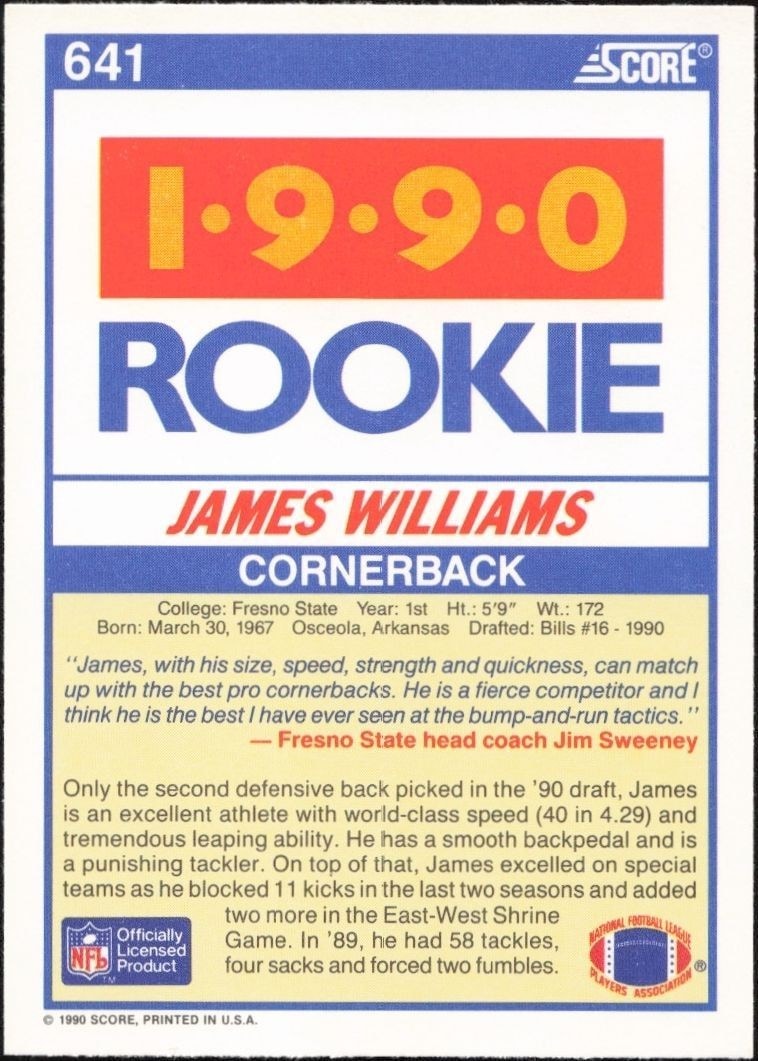 1990 Score James Williams #641 football trading card back
