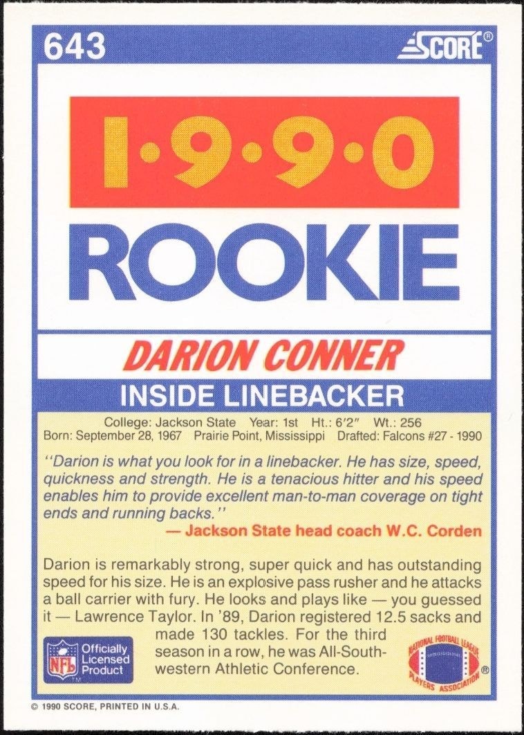 1990 Score Darion Conner #643 football trading card back