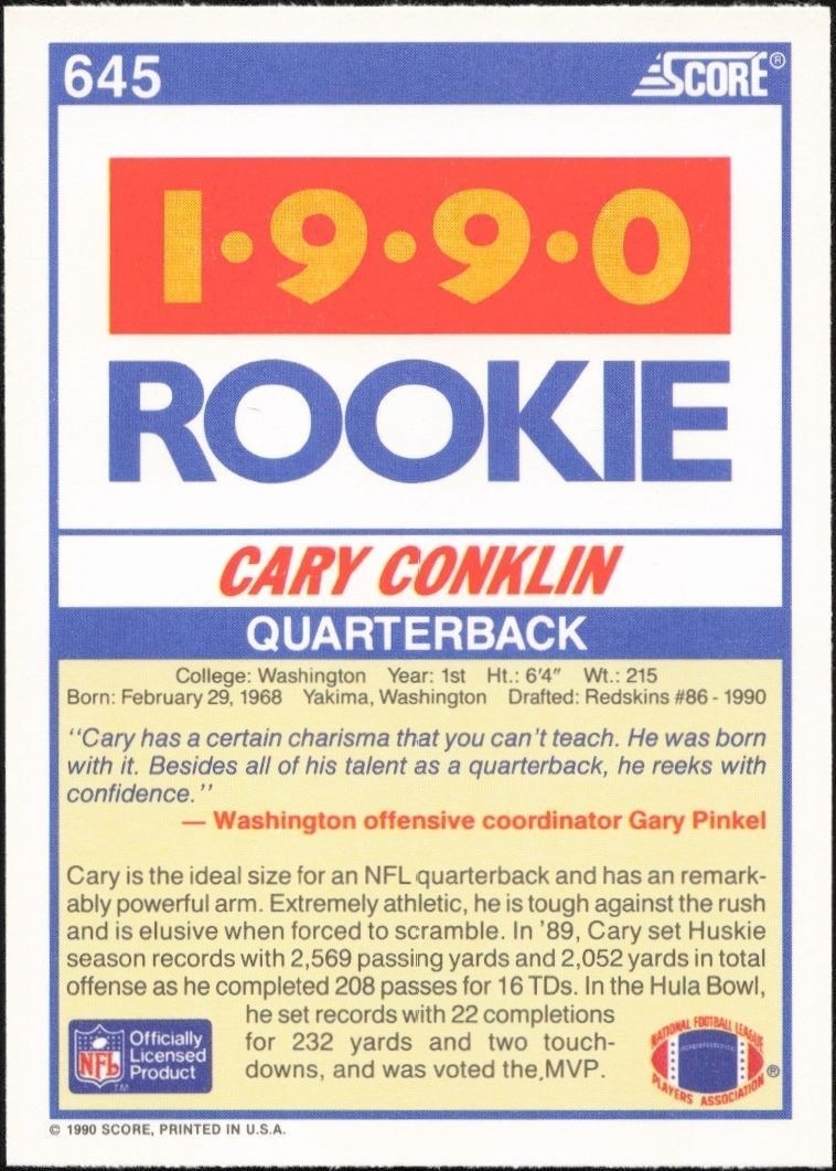 1990 Score Cary Conklin #645 football trading card back
