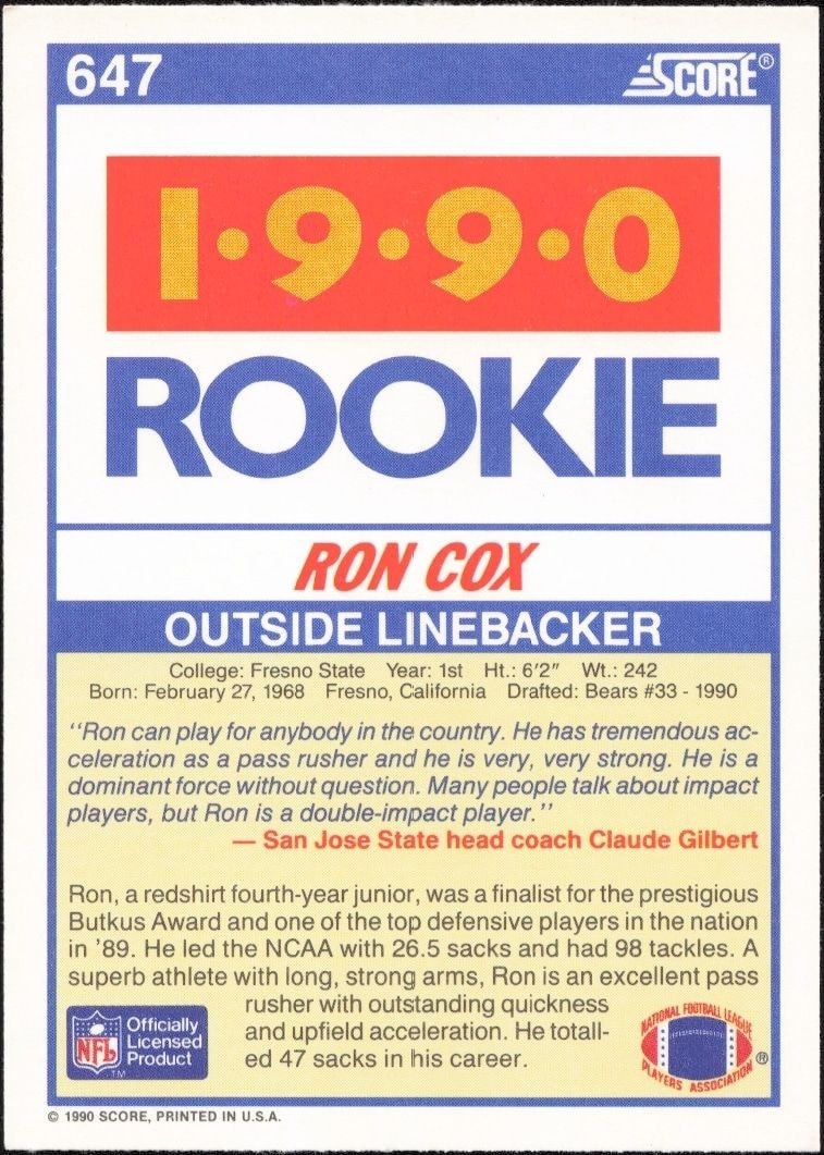 1990 Score Ron Cox #647 football trading card back