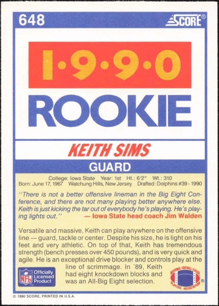 1990 Score Keith Sims #648 football trading card back