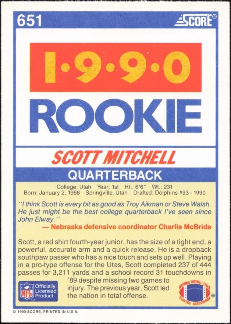 1990 Score Scott Mitchell #651 football trading card back