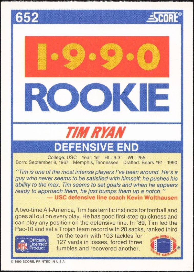 1990 Score Tim Ryan #652 football trading card back